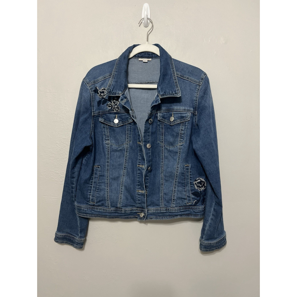Westport‎ 1962 Women's L Trucker Jacket Blue Cotton Denim Floral Embroidered
